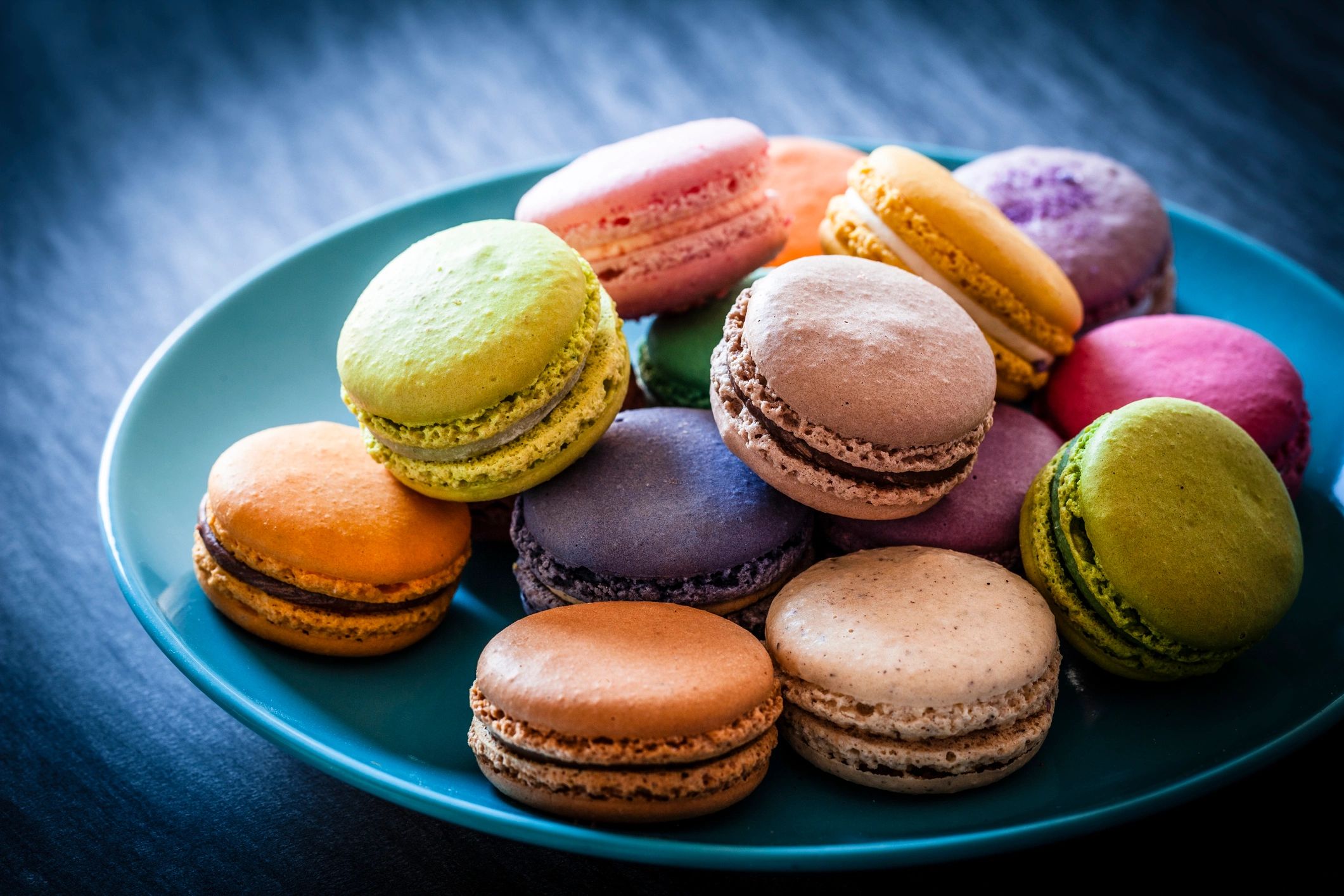 Plate of colorful macarons styled for presentation